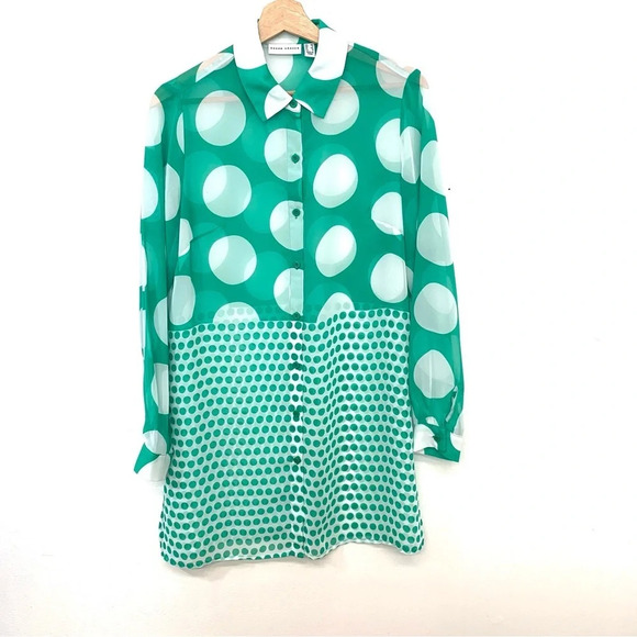 Susan Graver Blouse Woman XS Kelly Green Polka Dot Semi Sheer Long Sleeve Tunic - Picture 1 of 10